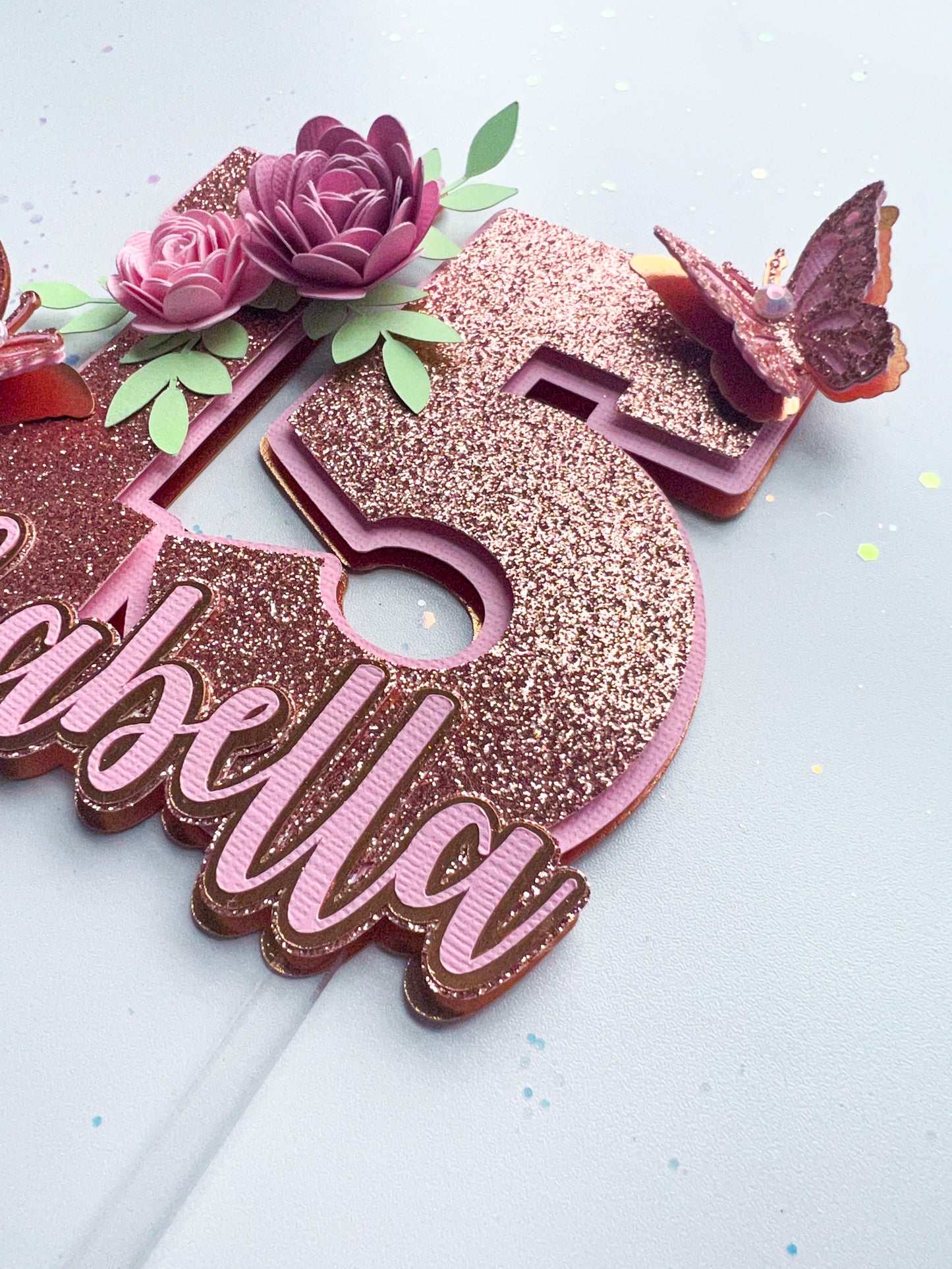 Rose Gold Cake Topper, Rose Gold and Pink Butterfly Cake Topper, Rose Gold Age and Name Cake Topper, Rose Gold Birthday Party